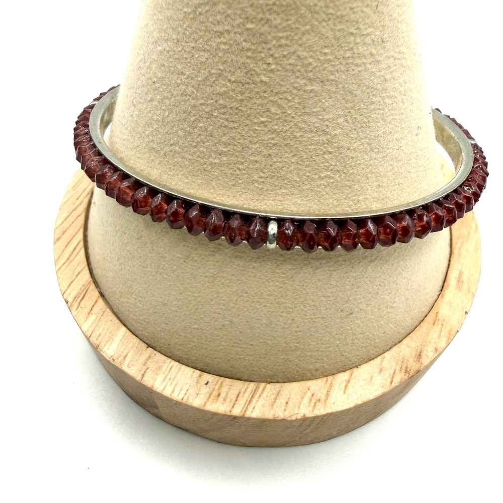Graziano Bangle Bracelet Burgundy Red Faceted Bead Silver Tone Cocktail